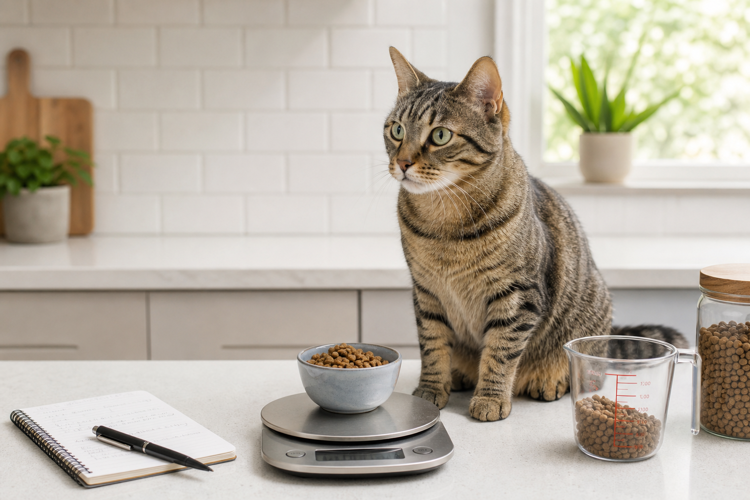 Cat with a measured food bowl and kitchen scale for estimating daily calories