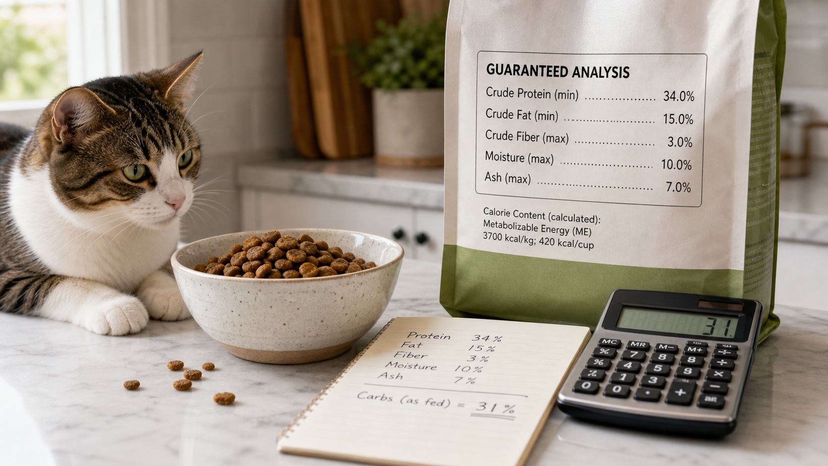 Cat food label showing Guaranteed Analysis values used to calculate carbohydrates