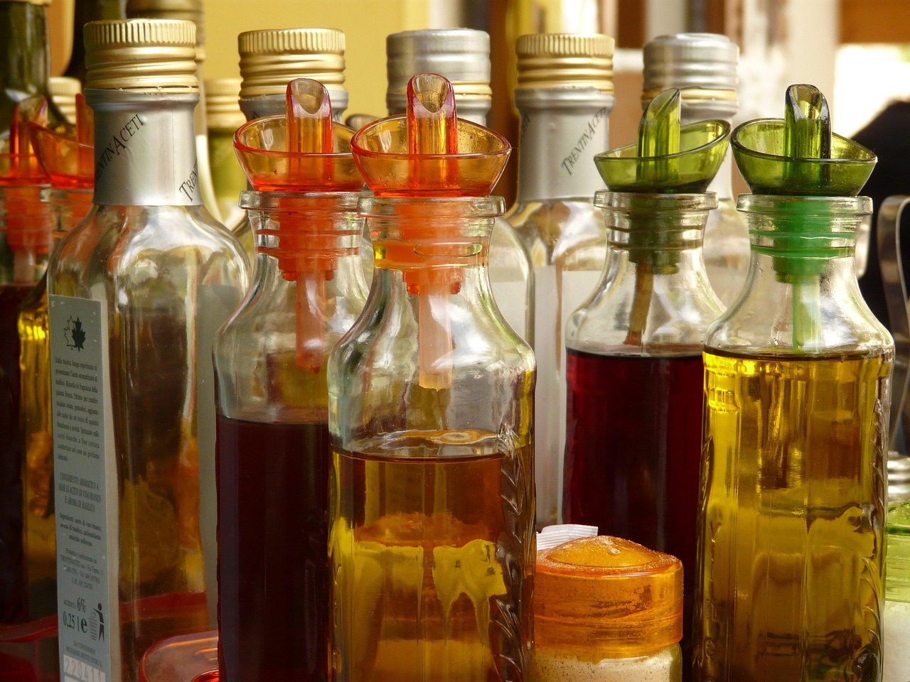 Bottles of vinegar used for pickling and canning recipes
